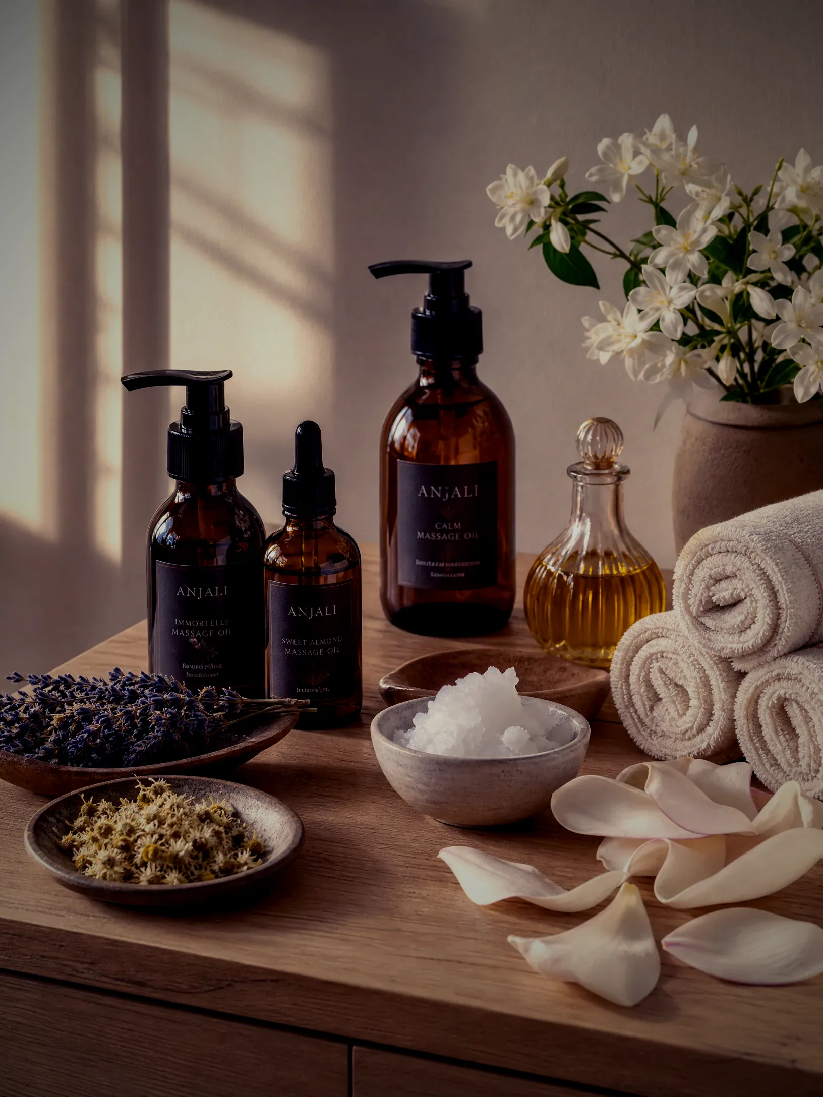 Natural massage oils and botanicals prepared for a session at Ethan Haven Studio